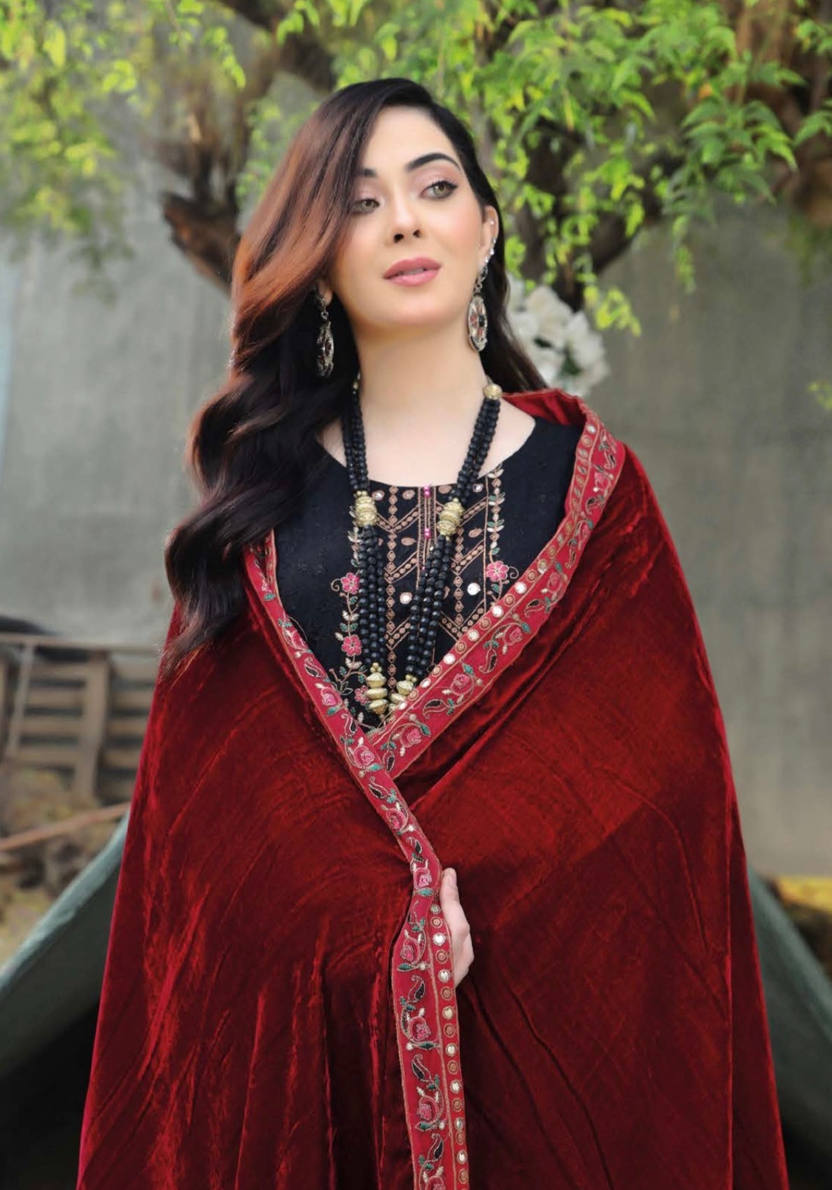 Peach Leather Suit With Velvet Shawl