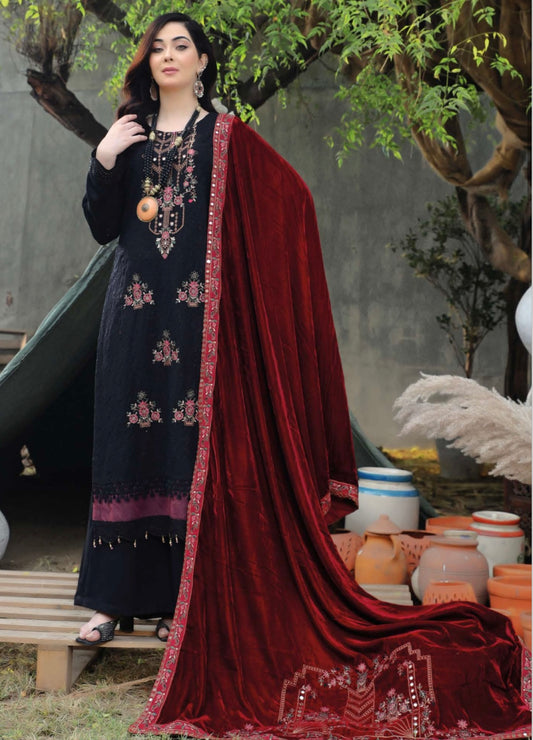Peach Leather Suit With Velvet Shawl