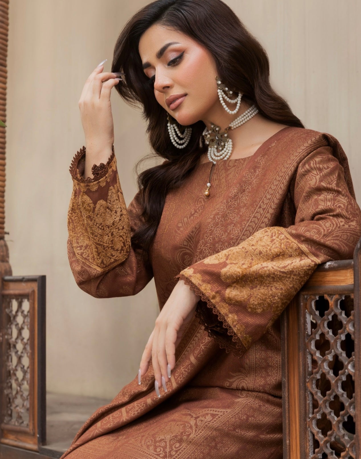 Premium Peach Leather Printed Suit 3pc